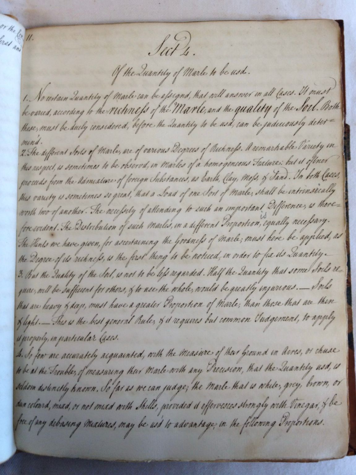 Handwritten eighteenth-century lecture notes on the proper use of marle as fertilizer.