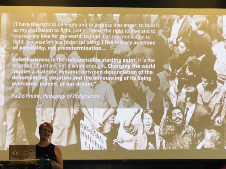Photo Amy Collier presenting a keynote presentation at the Domains 19 Conference