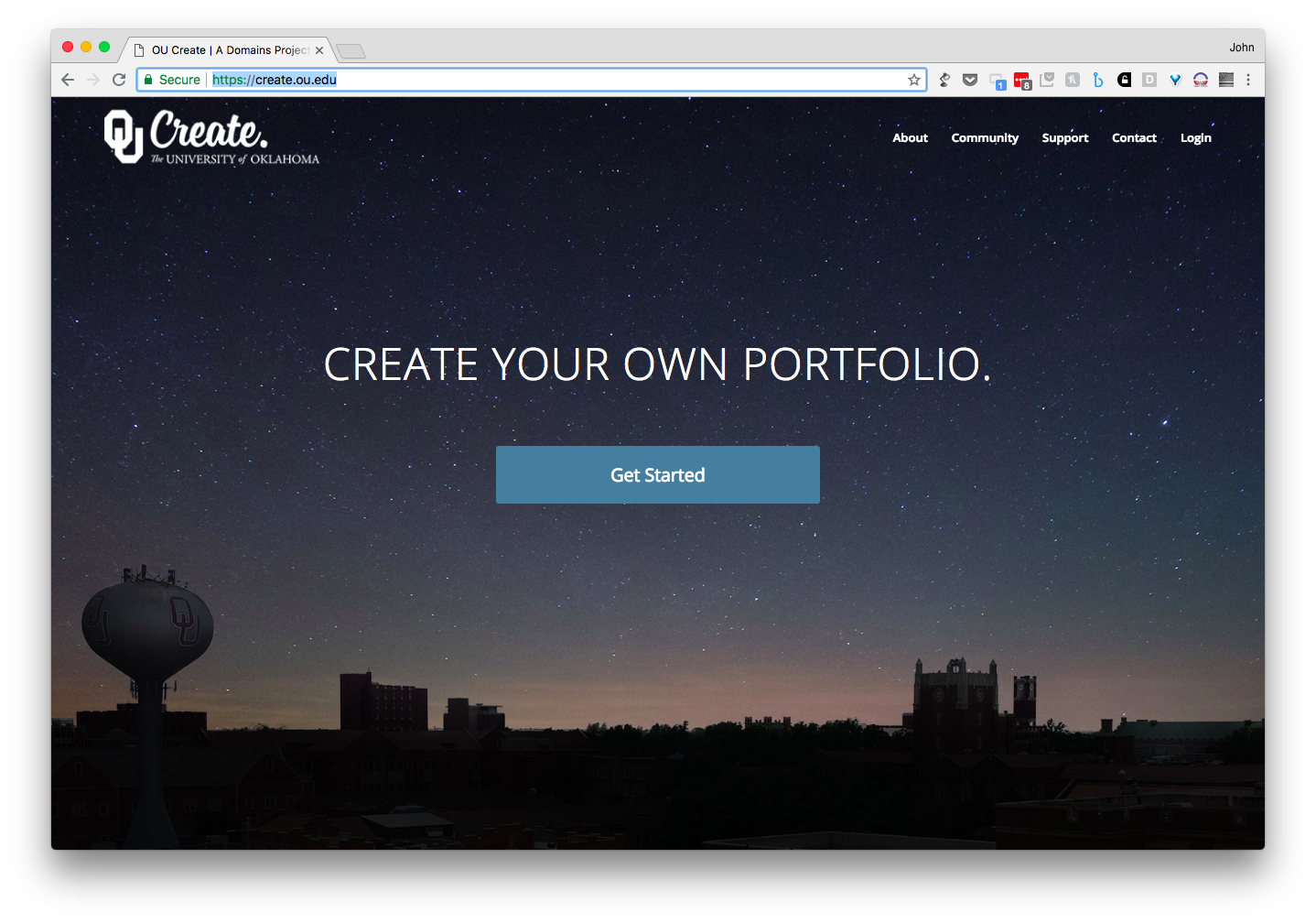 screen shot of the OU Create landing page
