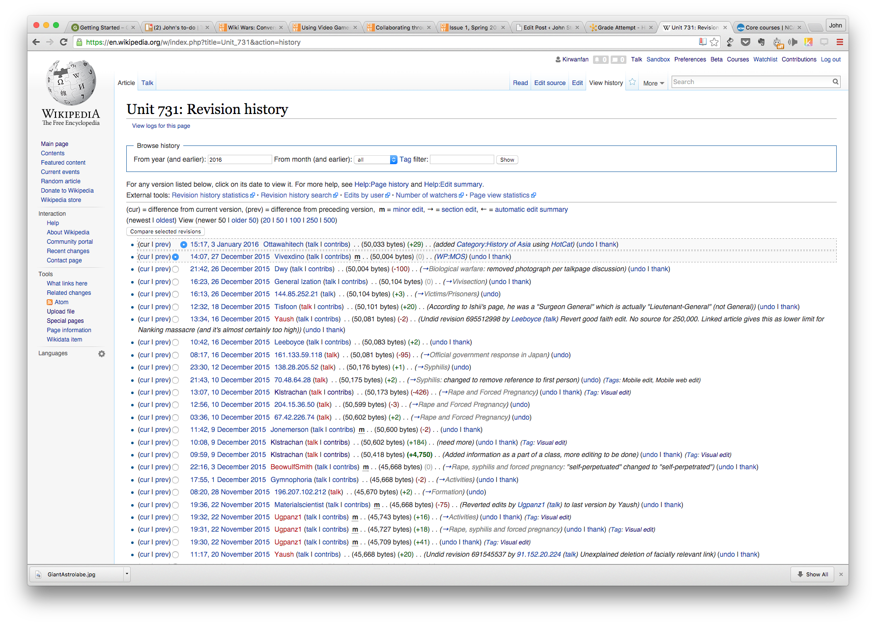 History page for the Wikipedia article on Unit 732
